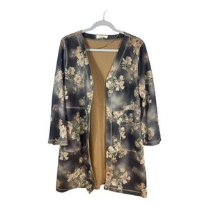 Solitaire Cardigan Womens Medium Brown Floral Faux Suede Open Front Long Pockets